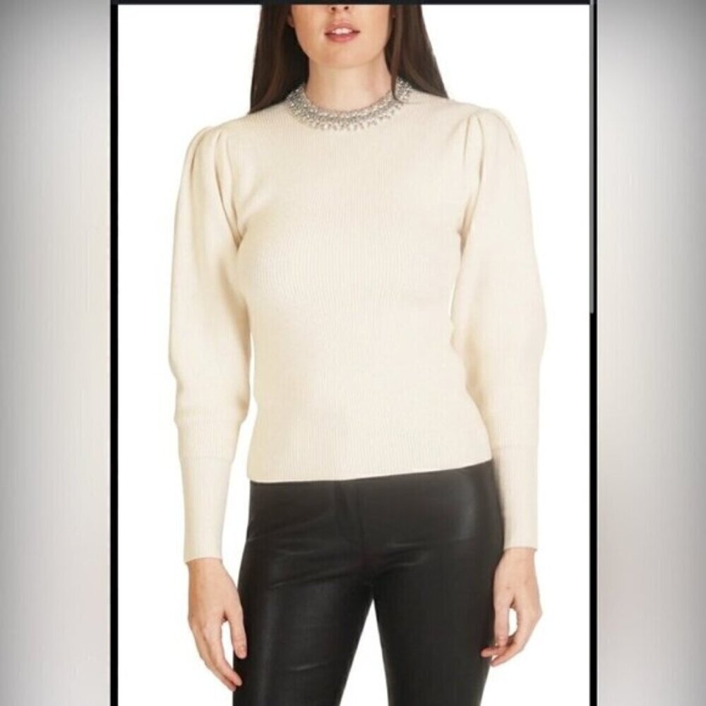 REVOLVE Favorite | NEW Love Token JEWELED Cream knit PUFF SLEEVE SWEATER top XS